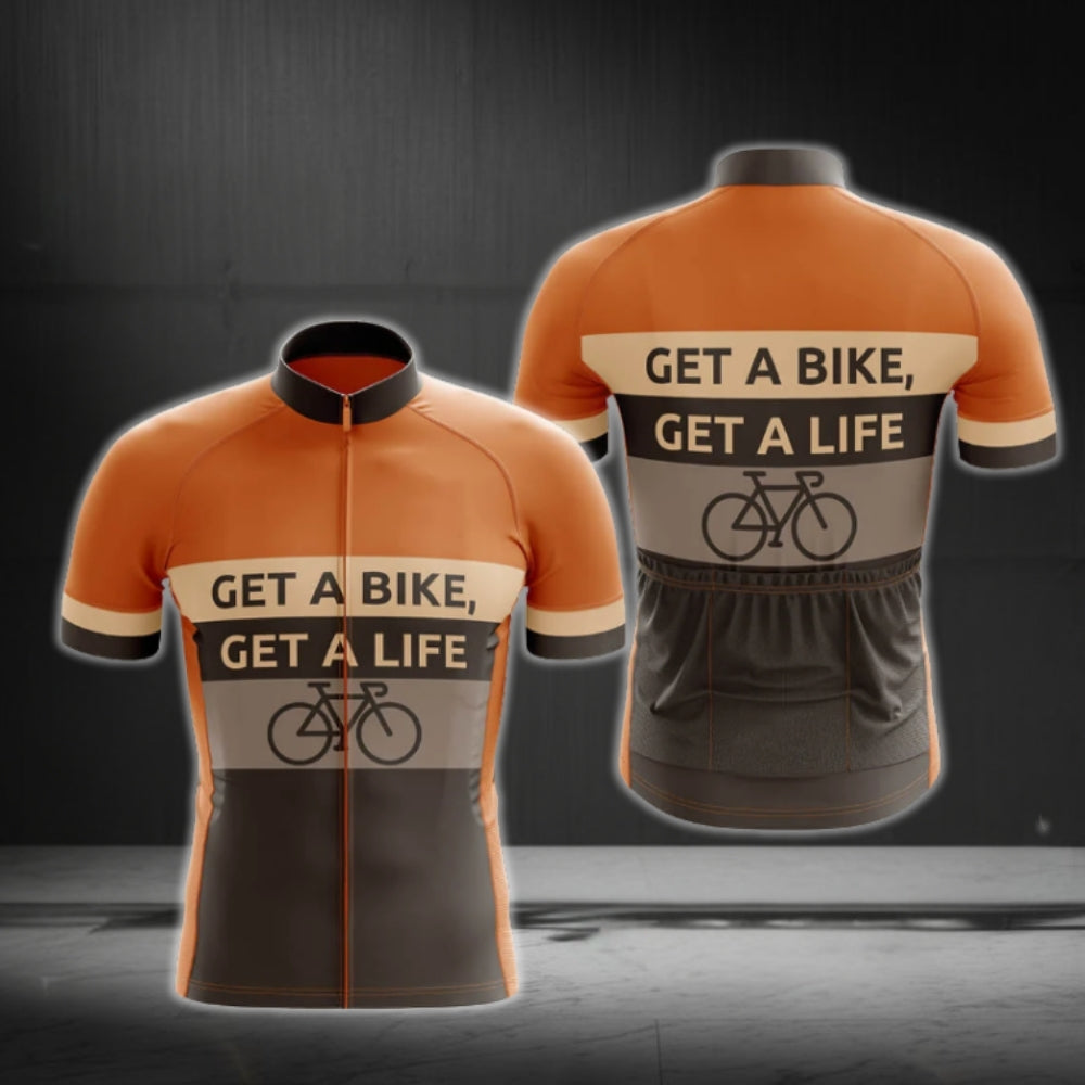 Get A Bike Get A Life Men's Short Sleeve Cycling Jersey, Orange And Brown Cycling Jersey For Men CG0663