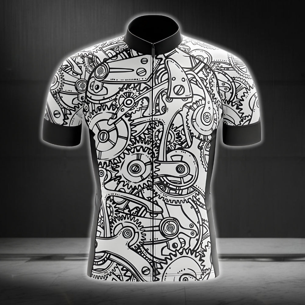 Gear Pattern Black And White Men's Short Sleeve Cycling Jersey, Cycling Jerseys For Mens CG0003