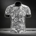 Gear Pattern Black And White Men's Short Sleeve Cycling Jersey, Cycling Jerseys For Mens CG0003