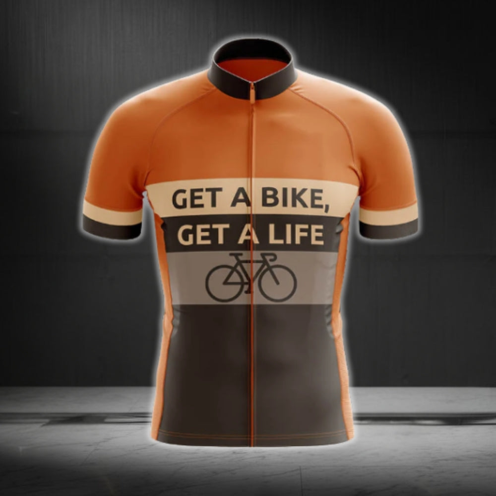 Get A Bike Get A Life Men's Short Sleeve Cycling Jersey, Orange And Brown Cycling Jersey For Men CG0663