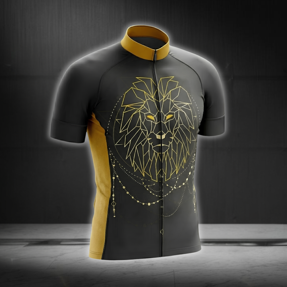 Geometric Lion Cycling Short Sleeve Jersey For Men, Lion Black And Yellow Cycling Jersey CG0878