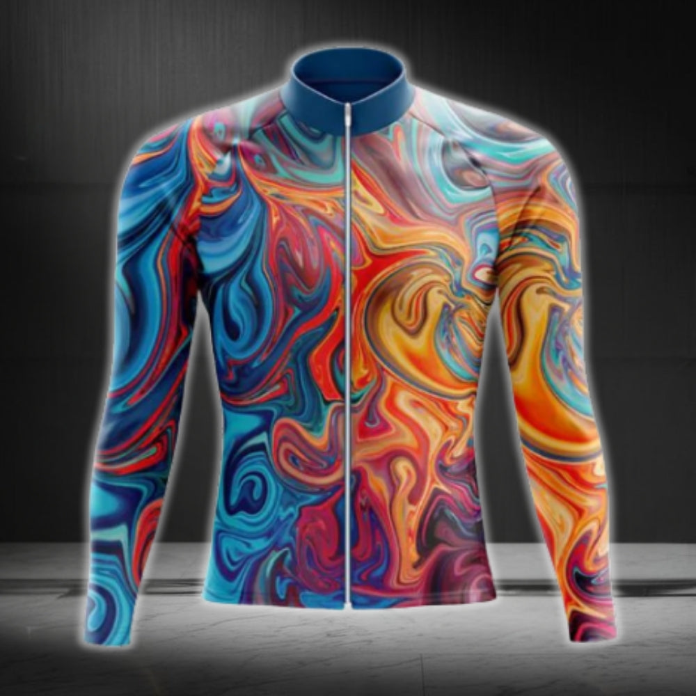 Liquid Marble Orange And Blue Long Sleeve Cycling Jersey For Men, Liquid Marble Cycling Jerseys CG0714