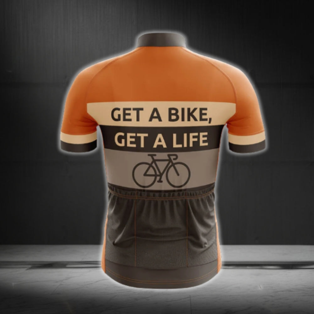 Get A Bike Get A Life Men's Short Sleeve Cycling Jersey, Orange And Brown Cycling Jersey For Men CG0663