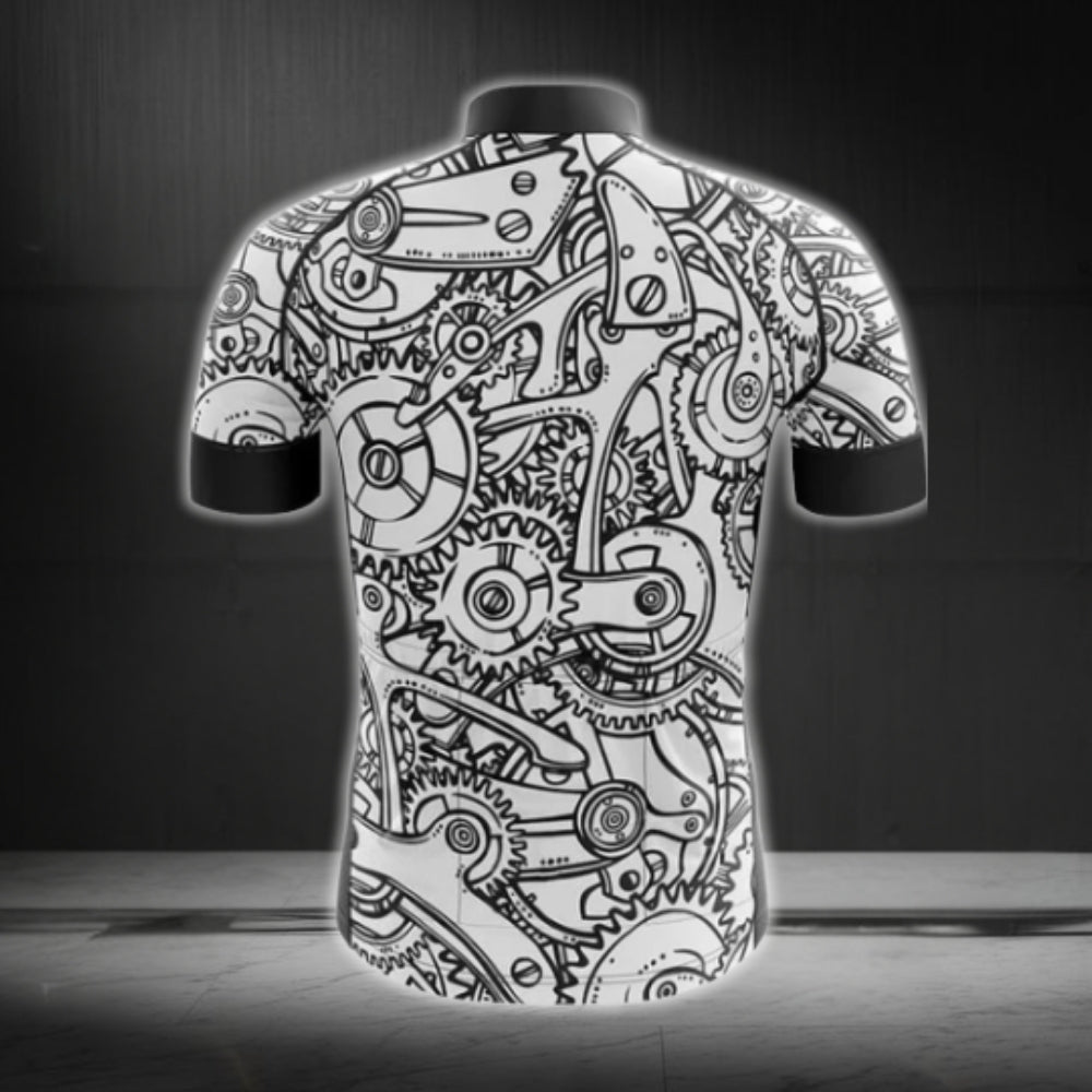 Gear Pattern Black And White Men's Short Sleeve Cycling Jersey, Cycling Jerseys For Mens CG0003