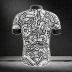 Gear Pattern Black And White Men's Short Sleeve Cycling Jersey, Cycling Jerseys For Mens CG0003