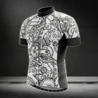 Gear Pattern Black And White Men's Short Sleeve Cycling Jersey, Cycling Jerseys For Mens CG0003