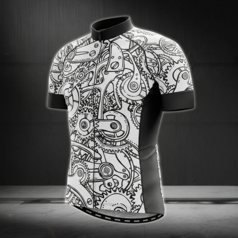 Gear Pattern Black And White Men's Short Sleeve Cycling Jersey, Cycling Jerseys For Mens CG0003
