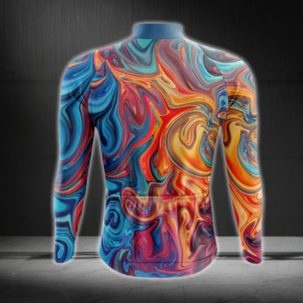 Liquid Marble Orange And Blue Long Sleeve Cycling Jersey For Men, Liquid Marble Cycling Jerseys CG0714