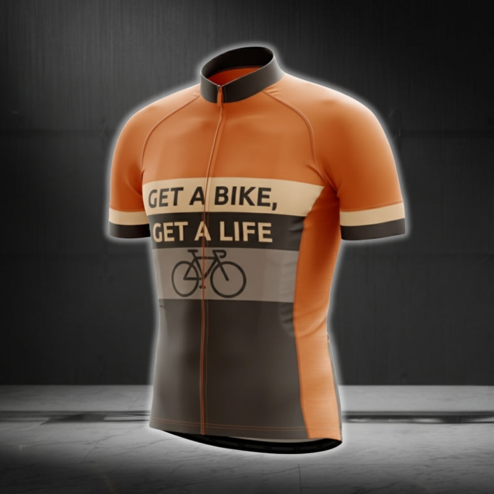Get A Bike Get A Life Men's Short Sleeve Cycling Jersey, Orange And Brown Cycling Jersey For Men CG0663