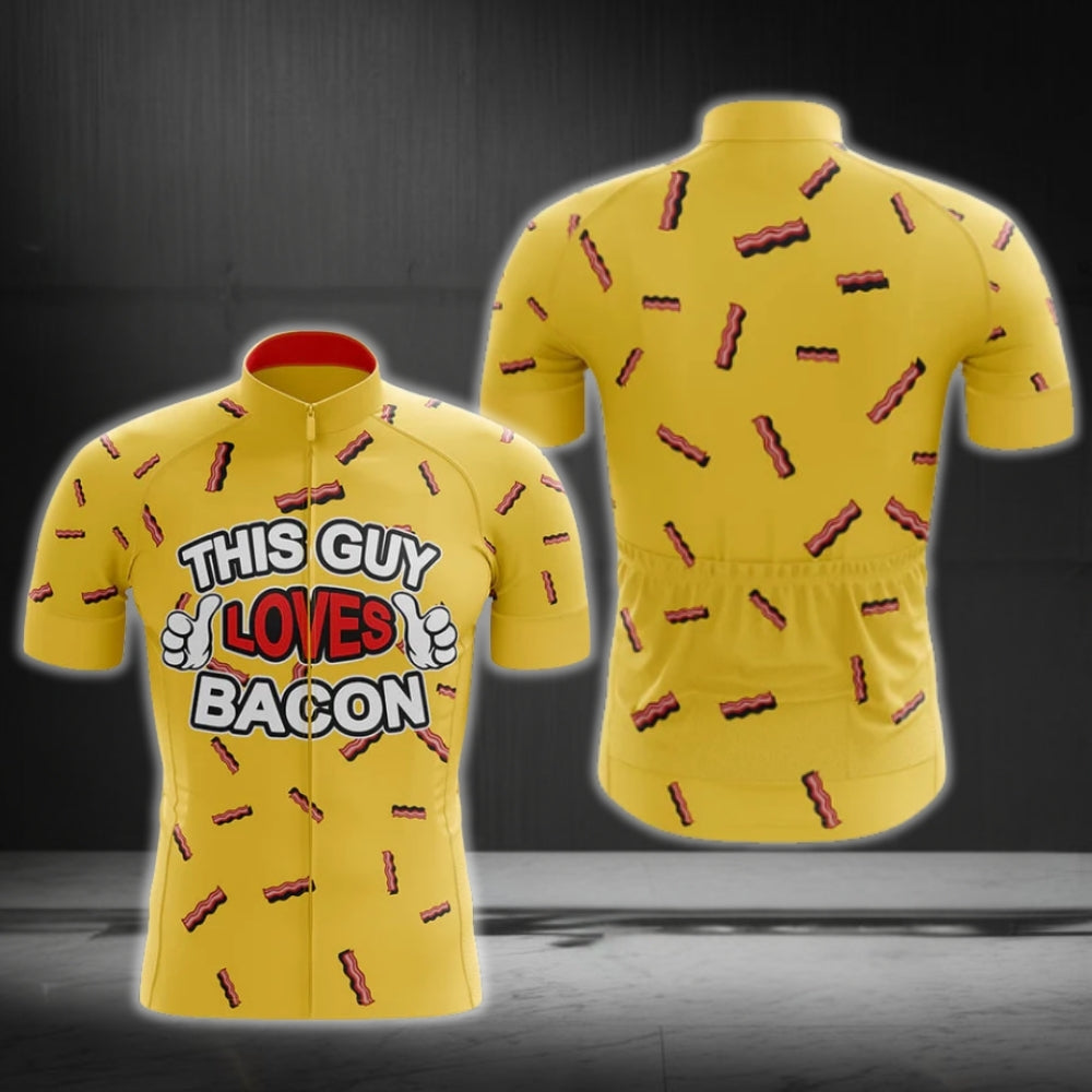 This Guy Loves Bacon Yellow Short Sleeve Cycling Mens Jersey, Bacon Lovers Cycling Jerseys CG0278