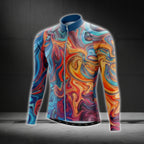 Liquid Marble Orange And Blue Long Sleeve Cycling Jersey For Men, Liquid Marble Cycling Jerseys CG0714