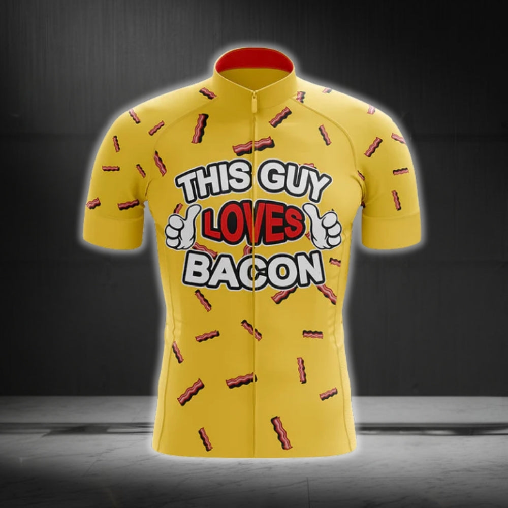 This Guy Loves Bacon Yellow Short Sleeve Cycling Mens Jersey, Bacon Lovers Cycling Jerseys CG0278