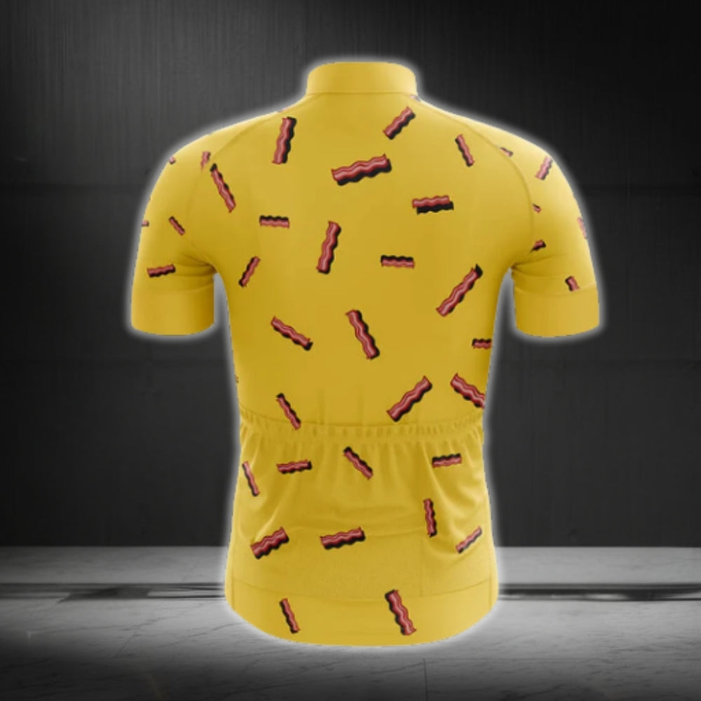 This Guy Loves Bacon Yellow Short Sleeve Cycling Mens Jersey, Bacon Lovers Cycling Jerseys CG0278
