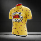 This Guy Loves Bacon Yellow Short Sleeve Cycling Mens Jersey, Bacon Lovers Cycling Jerseys CG0278