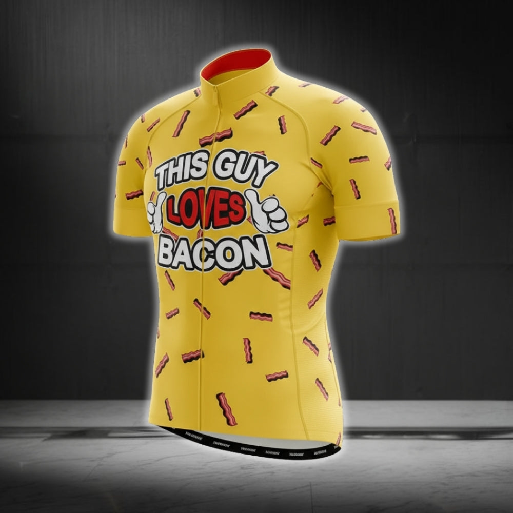 This Guy Loves Bacon Yellow Short Sleeve Cycling Mens Jersey, Bacon Lovers Cycling Jerseys CG0278