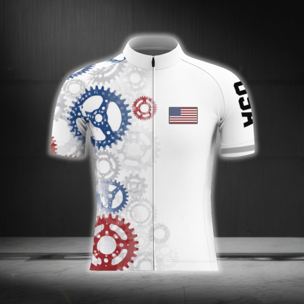 White Red Blue Gear USA Flag Cycling Short Sleeve Jersey For Men, Patriotic Cycling Jerseys CG0882