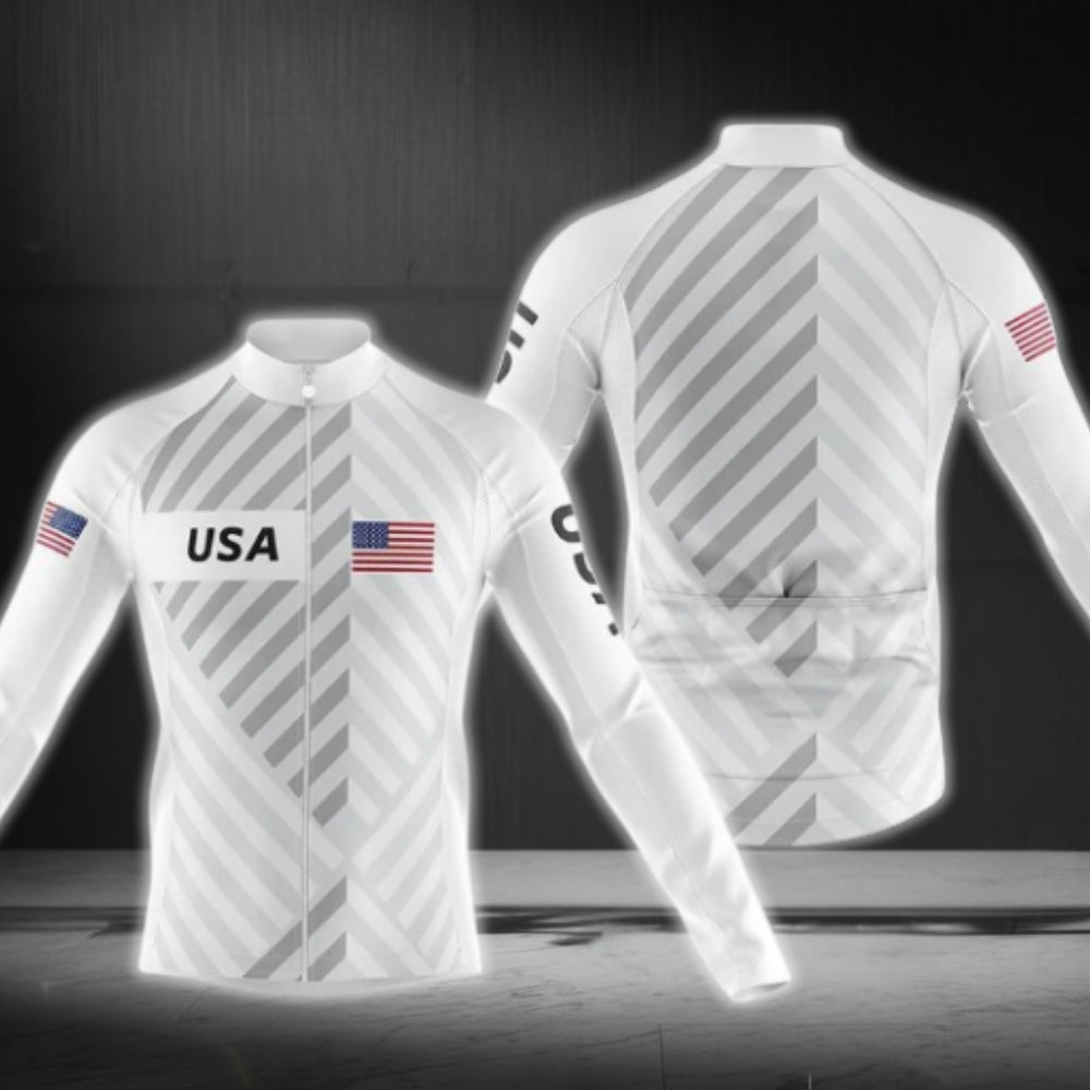 White USA Flag Long Sleeve Men's Cycling Jersy, Patriotic Cycling Jerseys CG0717