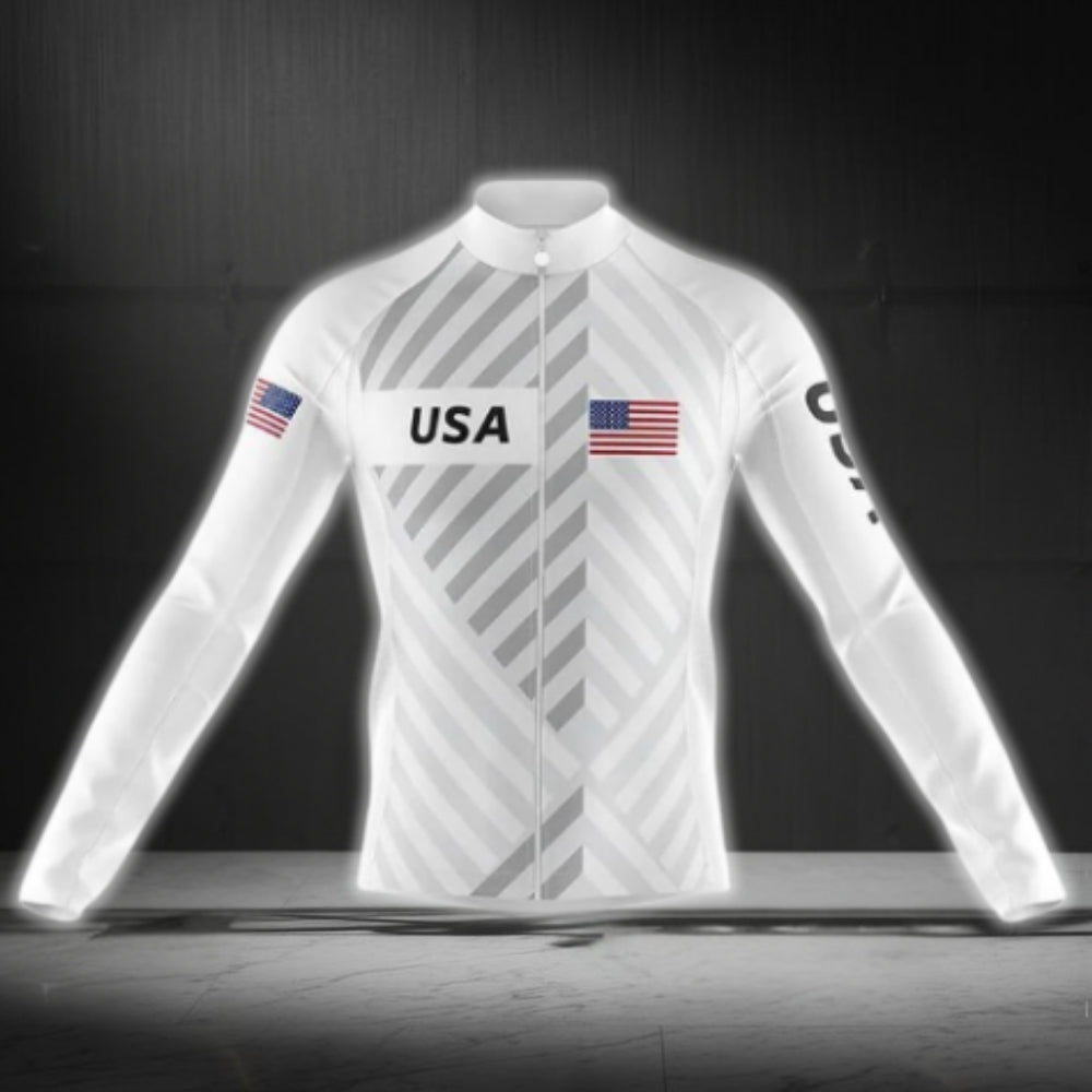 White USA Flag Long Sleeve Men's Cycling Jersy, Patriotic Cycling Jerseys CG0717