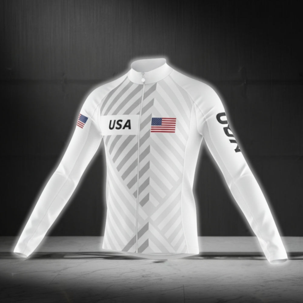 White USA Flag Long Sleeve Men's Cycling Jersy, Patriotic Cycling Jerseys CG0717