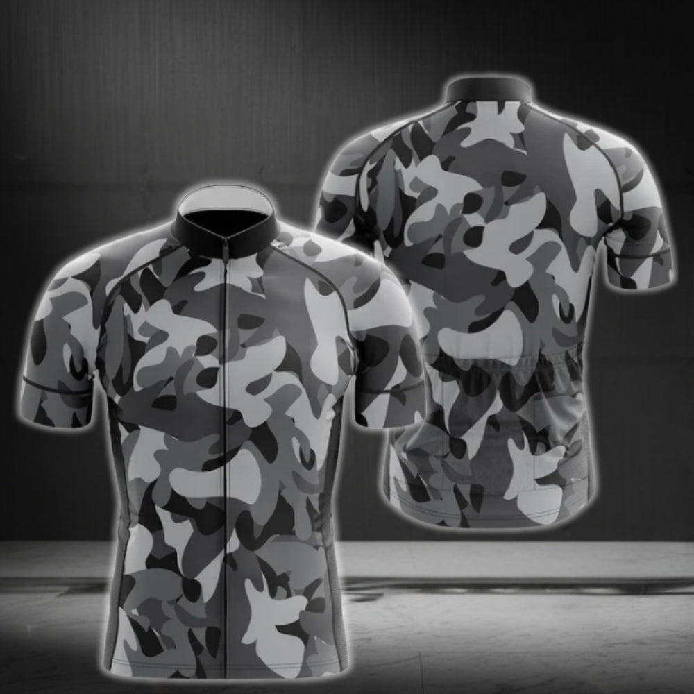 Grey Camo Short Sleeve Cycling Jersey For Mens, Camo Cycling Jerseys CG0007