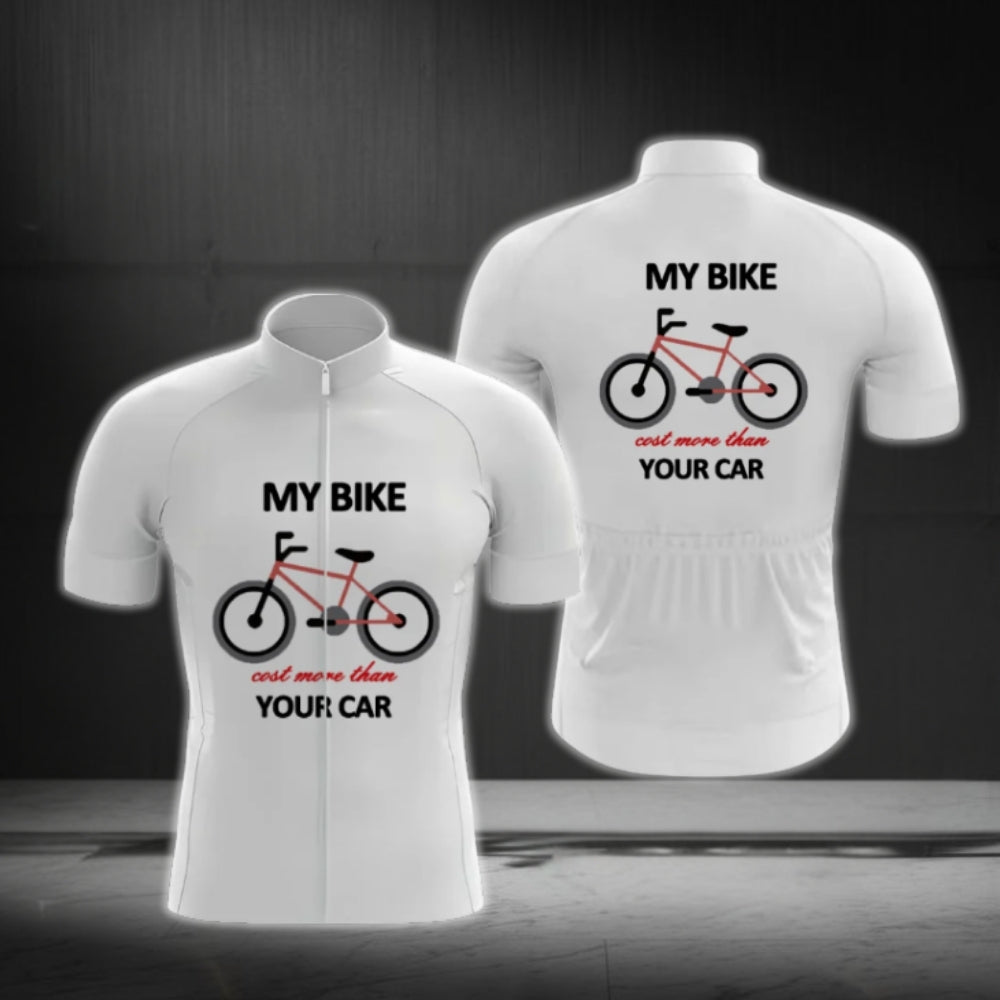 My Bike Cost More Than Your Car Men's White Short Sleeve Cycling Jersey, Funny Cycling Jerseys CG0667