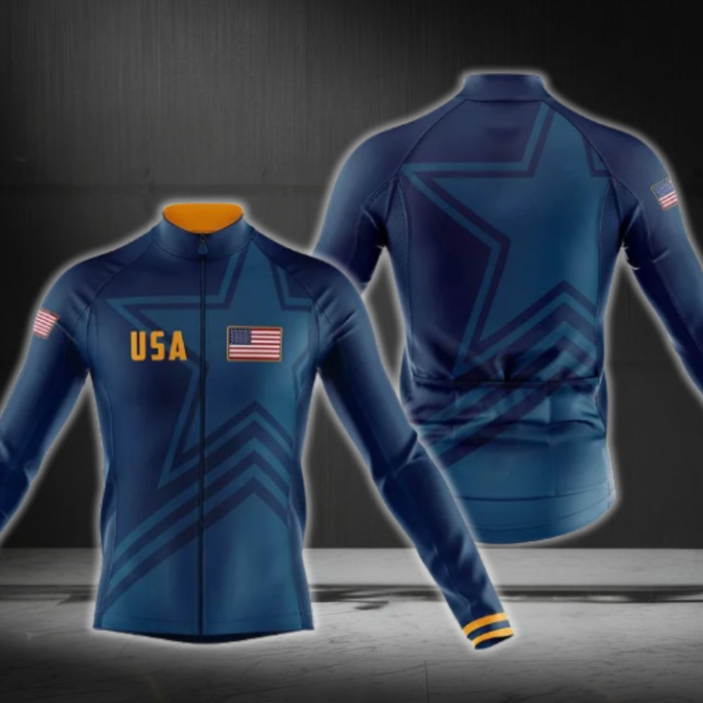 USA Flag Navy And Yellow Cycling Long Sleeve Jersey For Men, Patriotic Cycling Jerseys CG0720