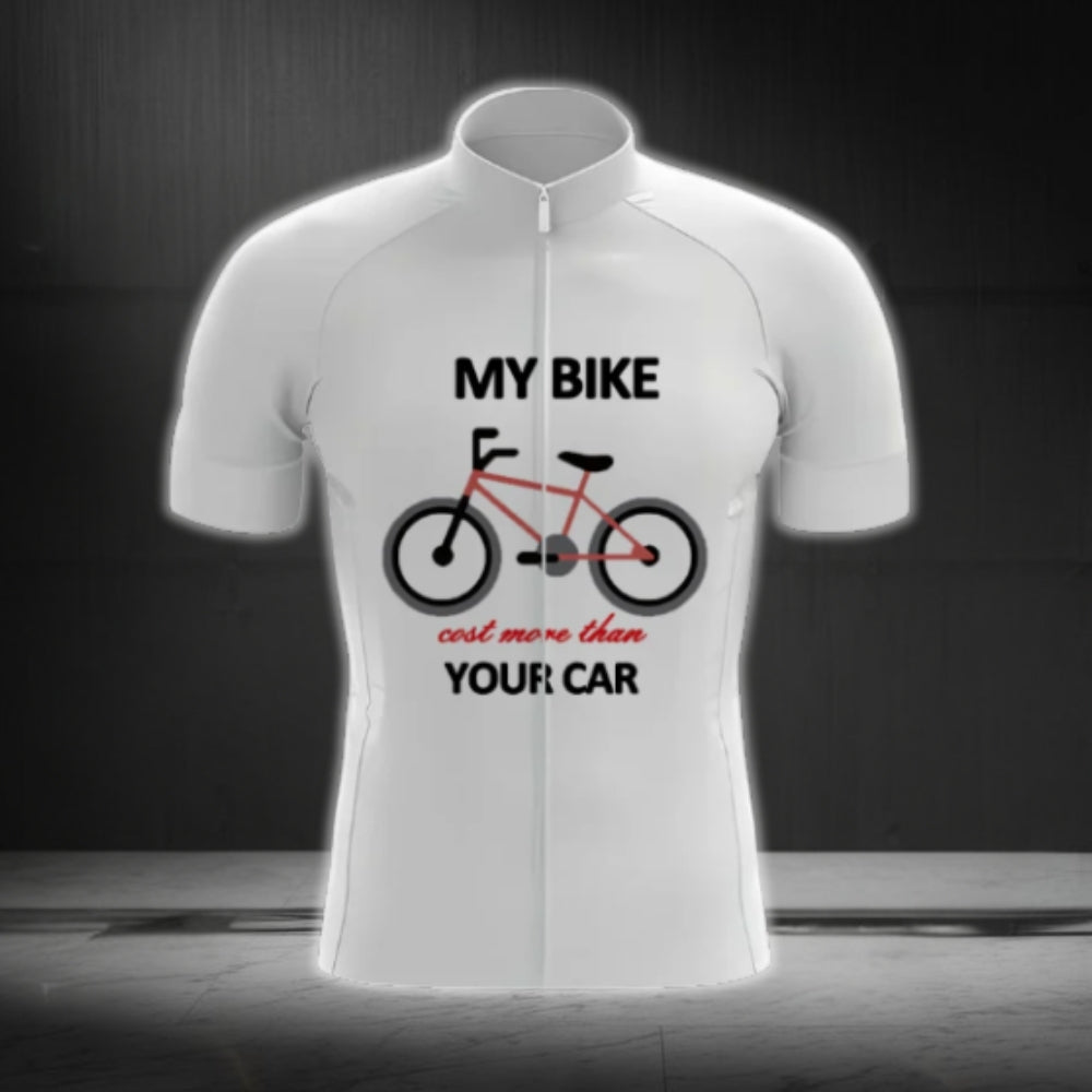 My Bike Cost More Than Your Car Men's White Short Sleeve Cycling Jersey, Funny Cycling Jerseys CG0667