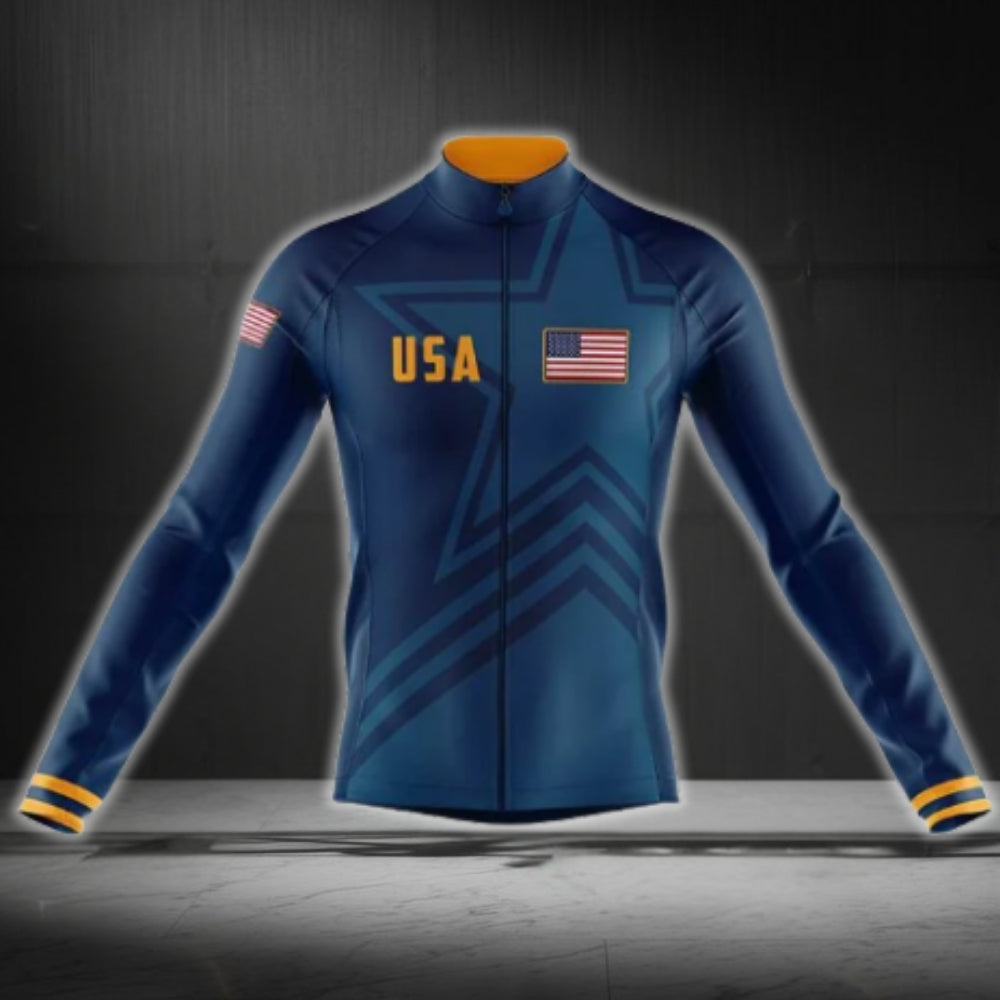 USA Flag Navy And Yellow Cycling Long Sleeve Jersey For Men, Patriotic Cycling Jerseys CG0720