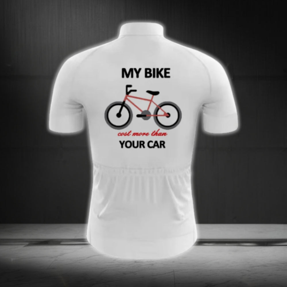My Bike Cost More Than Your Car Men's White Short Sleeve Cycling Jersey, Funny Cycling Jerseys CG0667