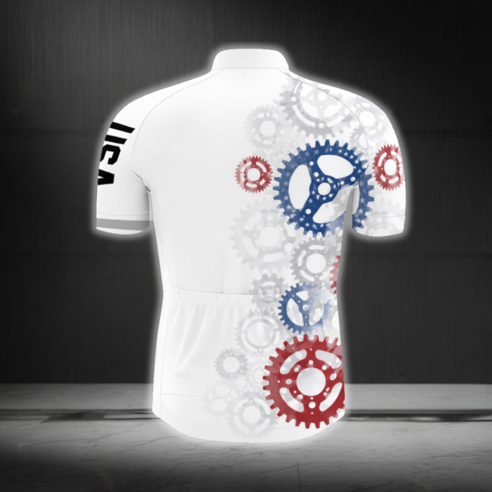White Red Blue Gear USA Flag Cycling Short Sleeve Jersey For Men, Patriotic Cycling Jerseys CG0882