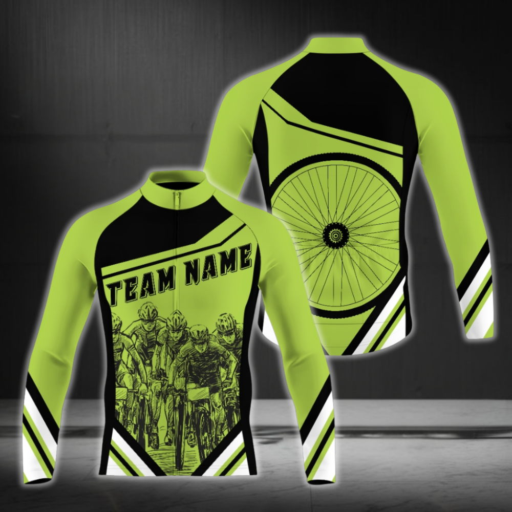 Custom Team Black And Lime Greem Cycling Long Sleeve Jersey For Men, Custom Cycling Jersey CZ0017