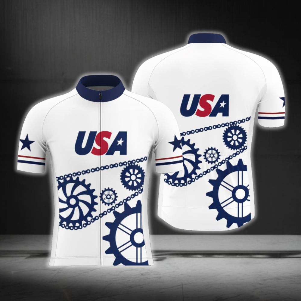 USA Flag Gear Cycling Short Sleeve Jersey For Men, White Red Blue Patriotic Cycling Jersey CG0872