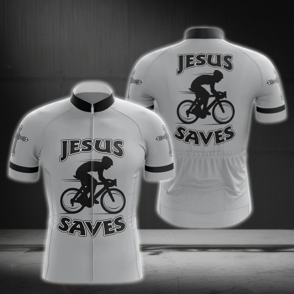 Jesus Saves Men's Grey Cycling Short Sleeve Jersey, Christian Cycling Jerseys CG0233