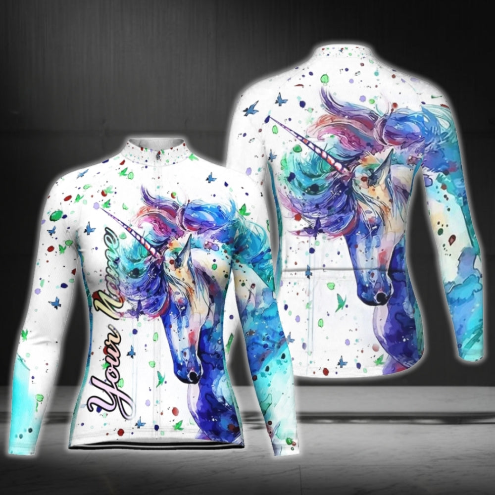 Custom Multicolor Unicorn Long Sleeve Cycling Jersey For Women, Custom Unicorn Cycling Jerseys CG0694