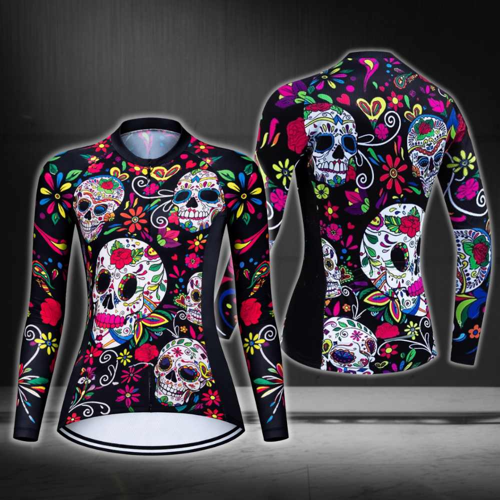 Sugar Skull Cycling Long Sleeve Jersey Womens, Day Of The Dead Cycling Jerseys For Ladies CZ0134