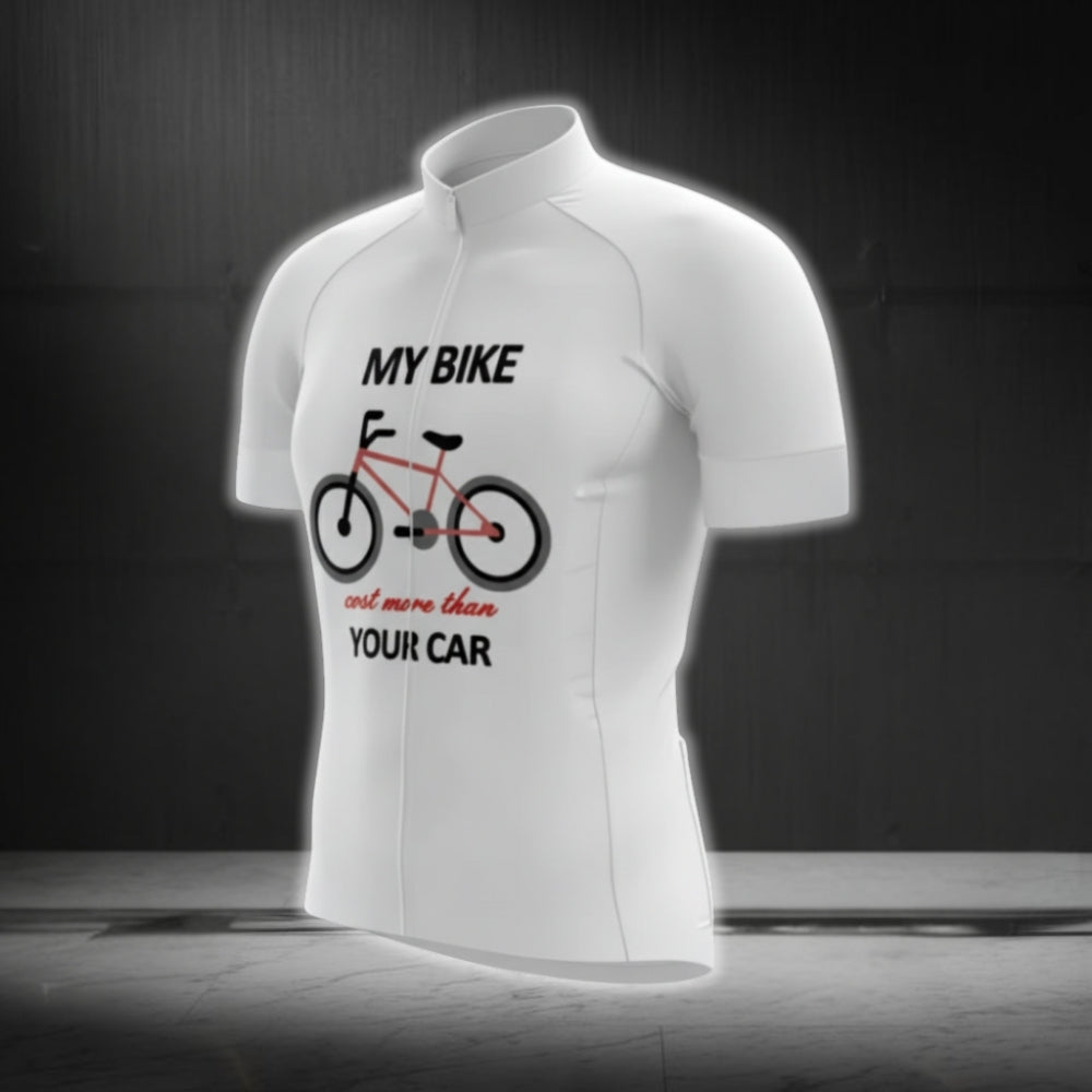 My Bike Cost More Than Your Car Men's White Short Sleeve Cycling Jersey, Funny Cycling Jerseys CG0667