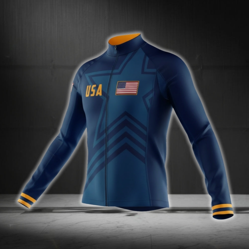 USA Flag Navy And Yellow Cycling Long Sleeve Jersey For Men, Patriotic Cycling Jerseys CG0720