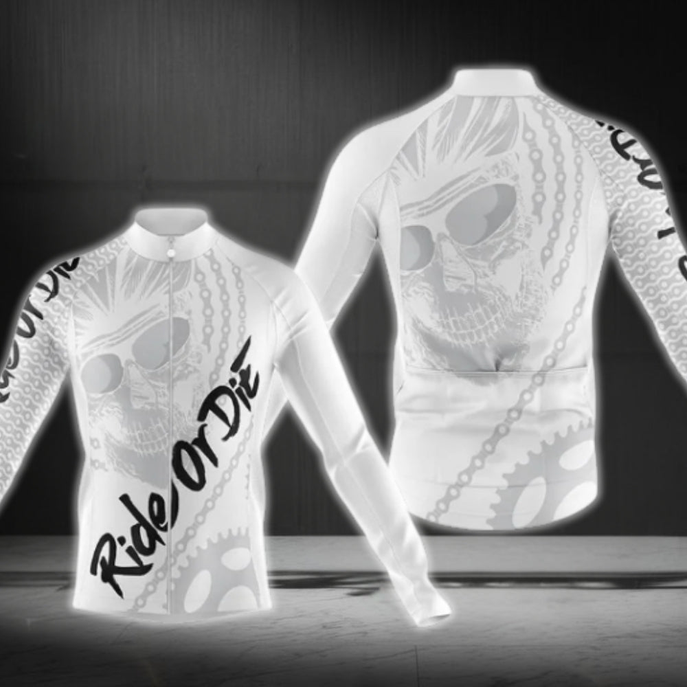 Ride Or Die Skull Men's White Cycling Long Sleeve Jersey For Men, Skull Cycling Jerseys CG0721
