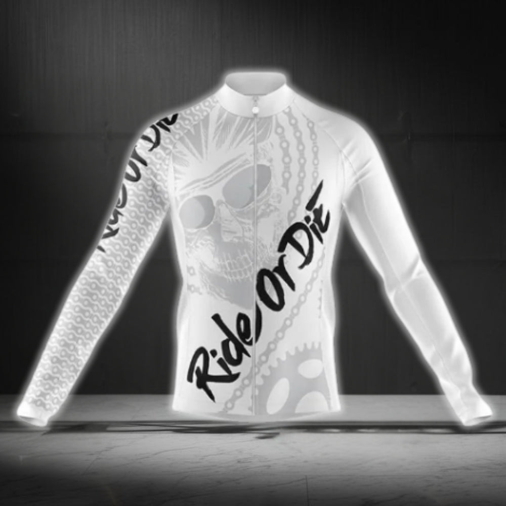 Ride Or Die Skull Men's White Cycling Long Sleeve Jersey For Men, Skull Cycling Jerseys CG0721