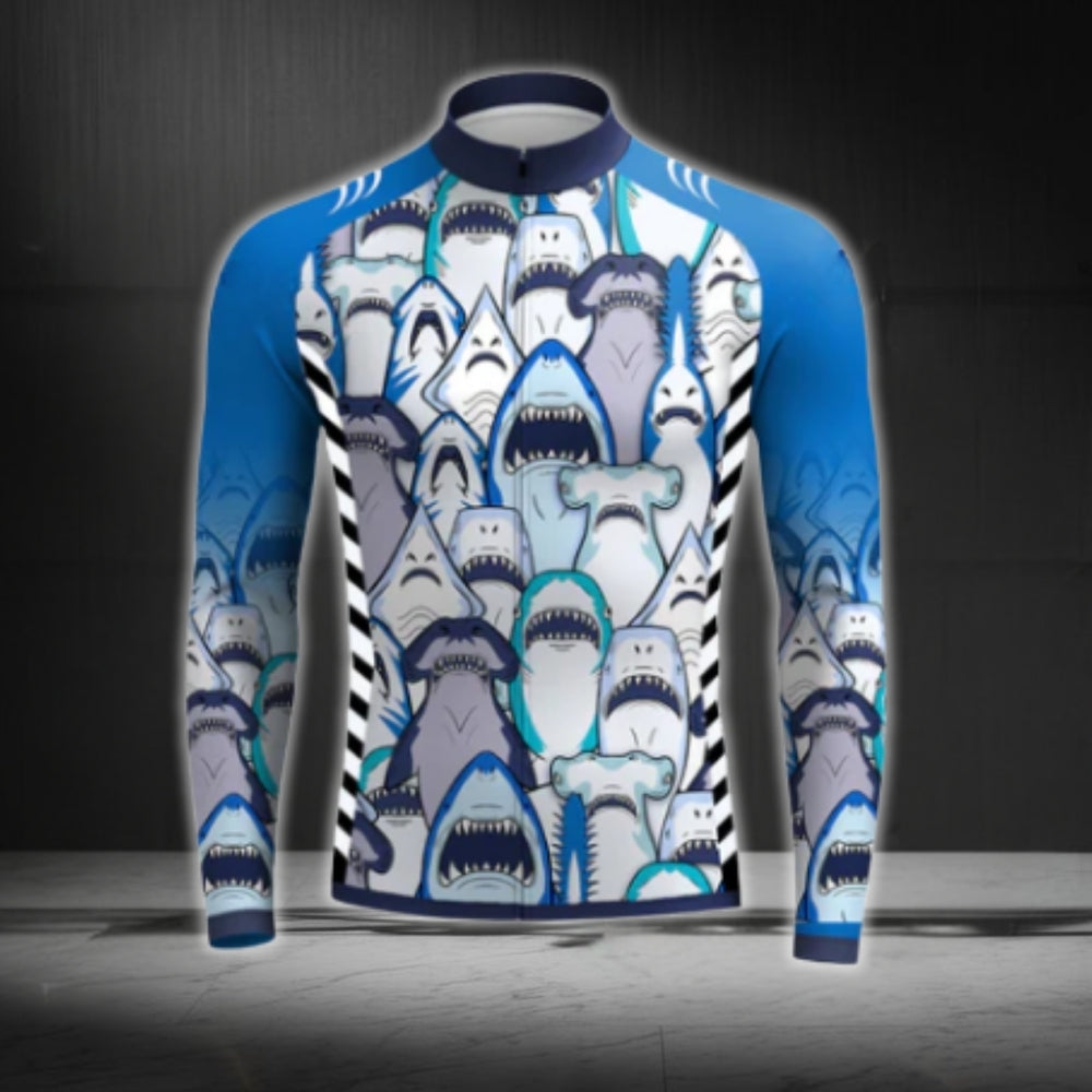 Blue Shark Long Sleeve Men's Cycling Jersey, Shark Cycling Jerseys CG0382
