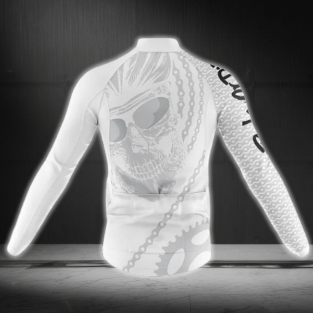 Ride Or Die Skull Men's White Cycling Long Sleeve Jersey For Men, Skull Cycling Jerseys CG0721