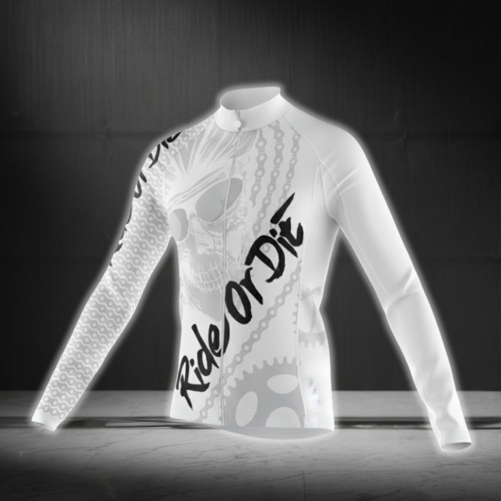 Ride Or Die Skull Men's White Cycling Long Sleeve Jersey For Men, Skull Cycling Jerseys CG0721
