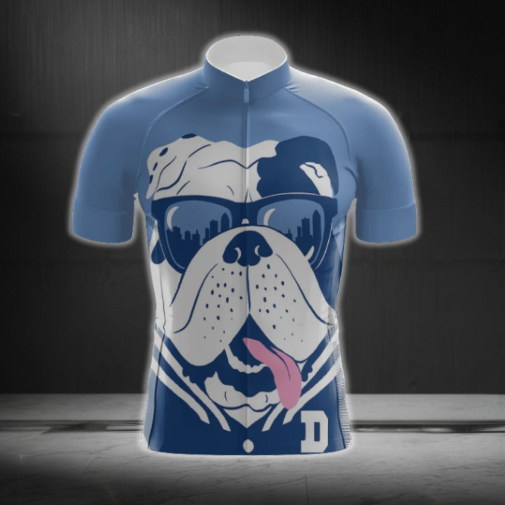 Blue And White Bulldog Cycling Short Sleeve Jersey Mens, Bulldog Cycling Jerseys CG0384