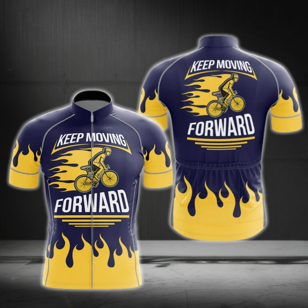 Keep Moving Forward Blue And Yellow Flame Cycling Short Sleeve Jersey For Mens, Men's Cycling Jerseys CG0285