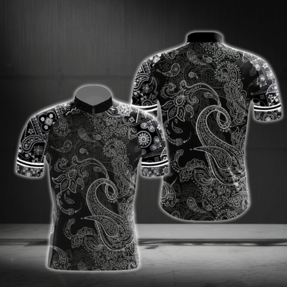 Paisley Black And White Cycling Short Sleeve Men Jersey, Paisley Cycling Jerseys CG0385