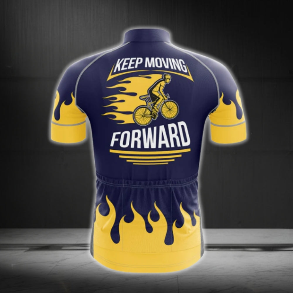 Keep Moving Forward Blue And Yellow Flame Cycling Short Sleeve Jersey For Mens, Men's Cycling Jerseys CG0285