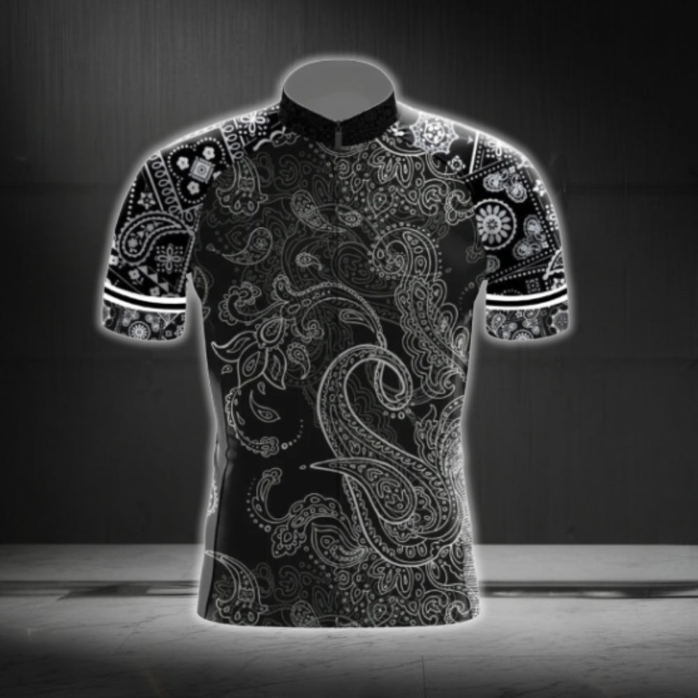 Paisley Black And White Cycling Short Sleeve Men Jersey, Paisley Cycling Jerseys CG0385