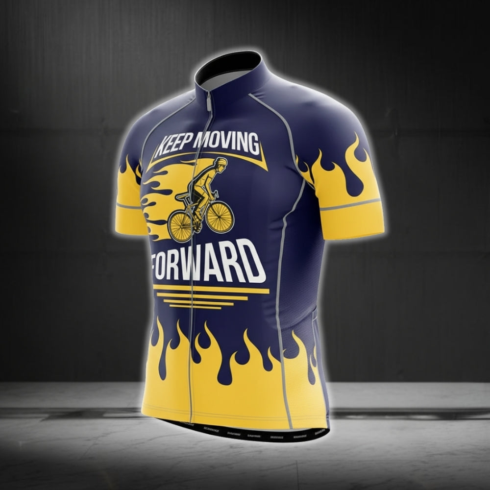 Keep Moving Forward Blue And Yellow Flame Cycling Short Sleeve Jersey For Mens, Men's Cycling Jerseys CG0285
