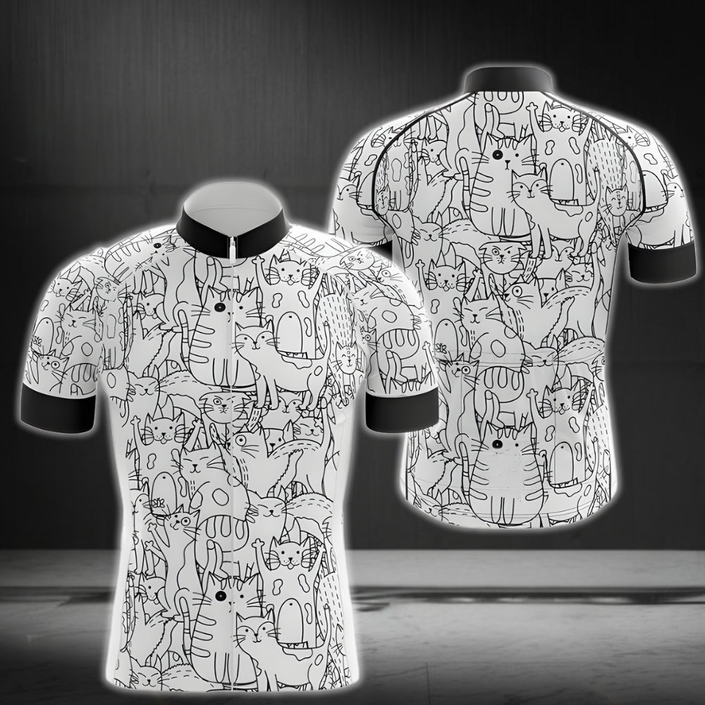 Black And White Cat Cycling Short Sleeve Jersey For Mens, Cat Lovers Cycling Jerseys CG0012