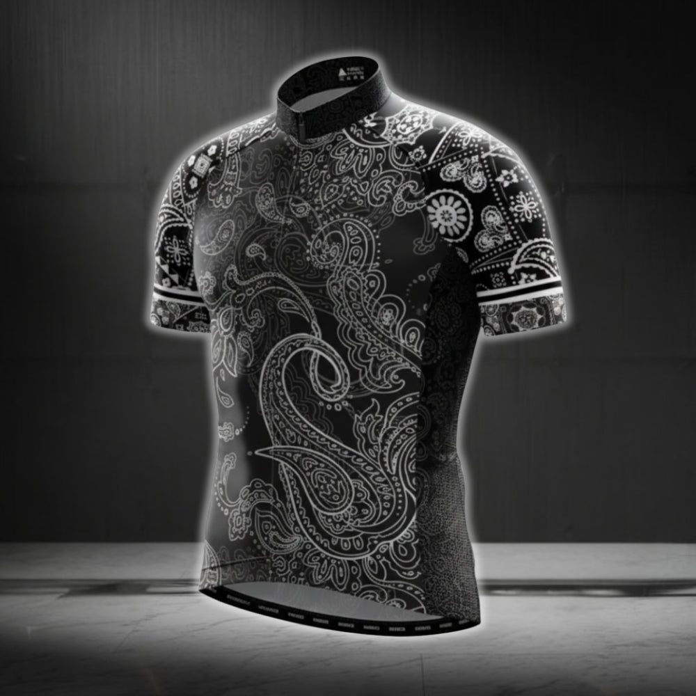 Paisley Black And White Cycling Short Sleeve Men Jersey, Paisley Cycling Jerseys CG0385
